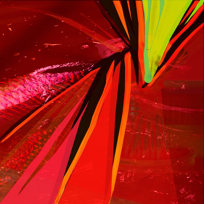 Vivo en Absurdo cover: sharp red shapes with a streak of green and yellow
